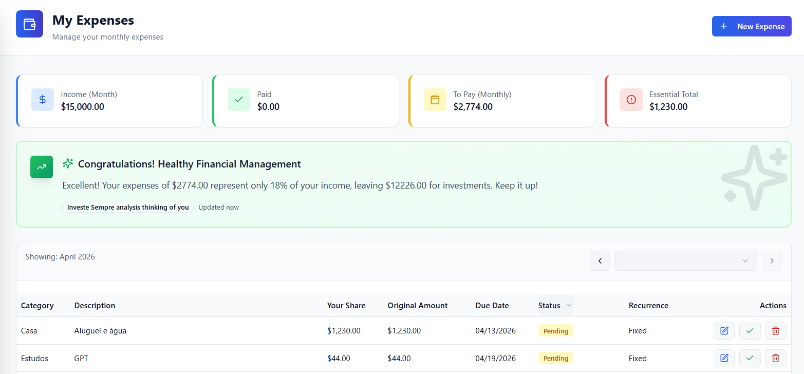 Isy (Investe Sempre System) expense control screen